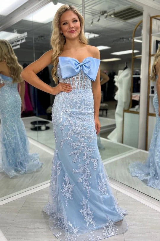 Elegant Strapless Light Blue Lace Mermaid Gown with Bow Detail