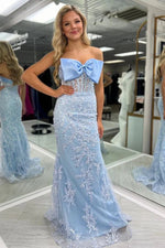 Elegant Strapless Light Blue Lace Mermaid Gown with Bow Detail