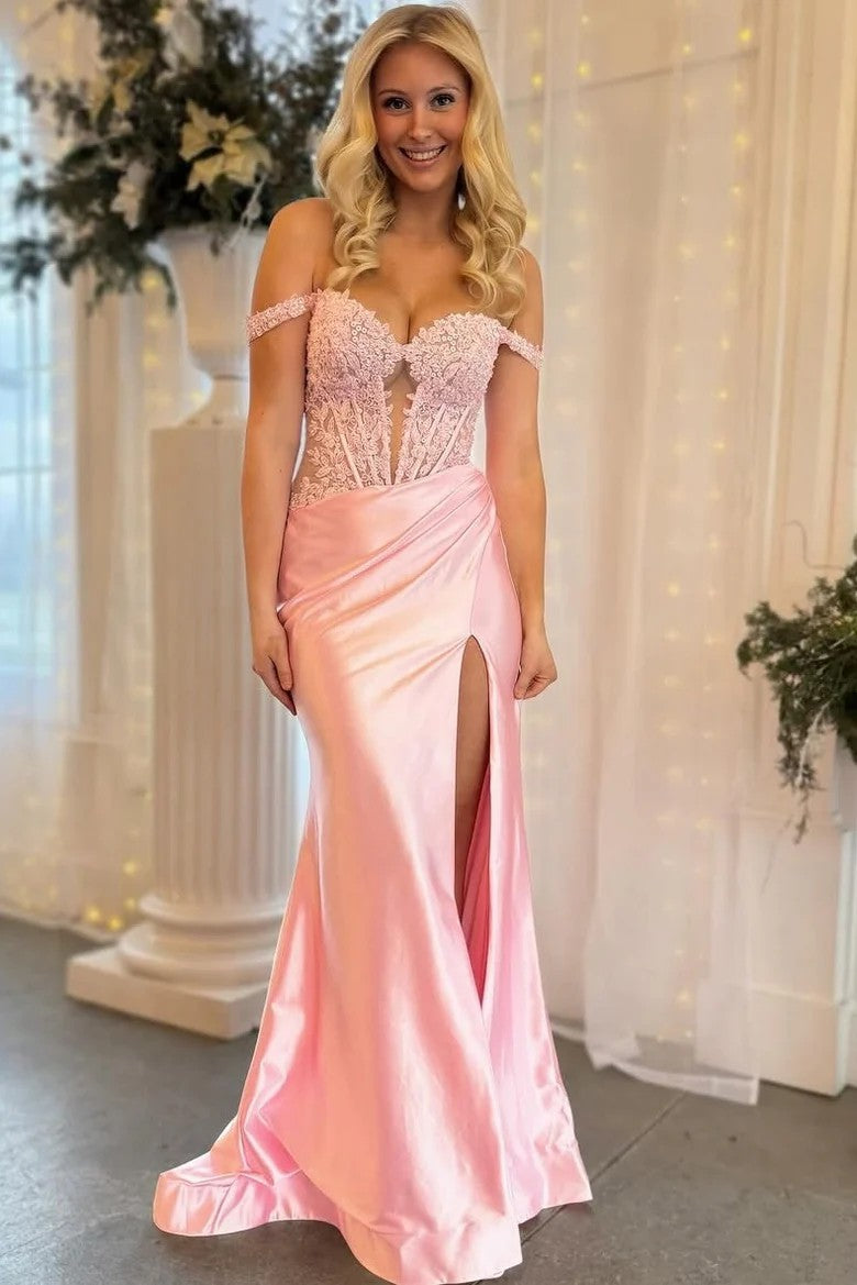 Elegant Off-Shoulder Sweetheart Mermaid Prom Dress with Appliques and Slit