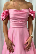 Elegant Pink Off-Shoulder Satin A-Line Prom Dress with Pleated Detail