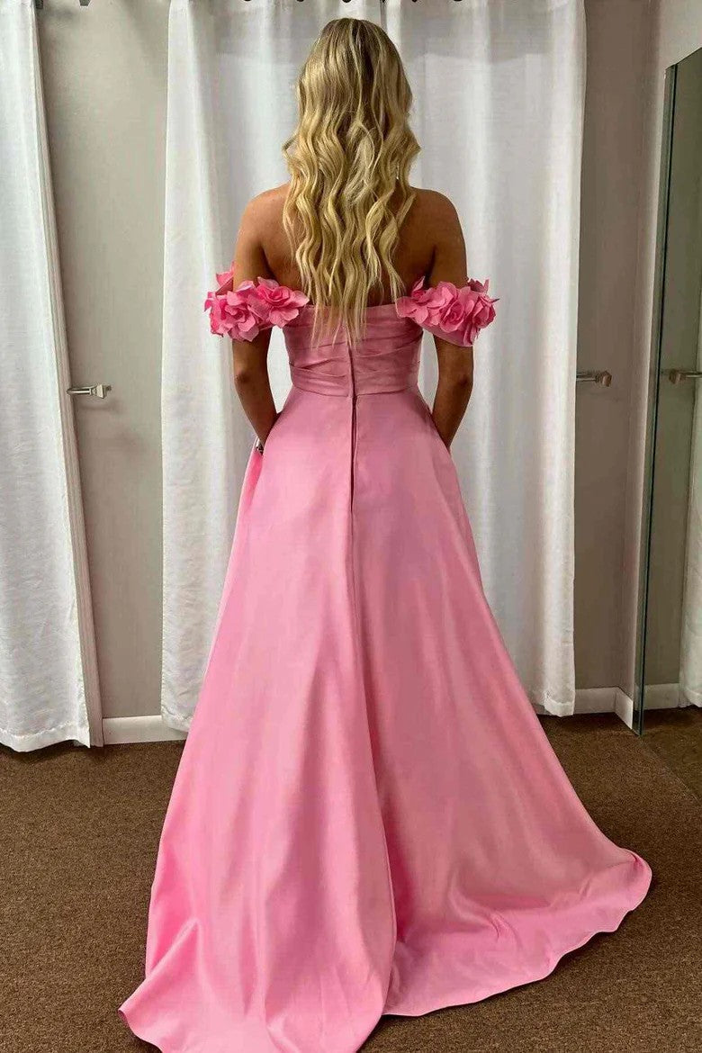 Elegant Pink Off-Shoulder Satin A-Line Prom Dress with Pleated Detail