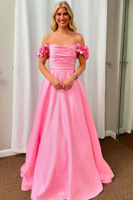 Elegant Pink Off-Shoulder Satin A-Line Prom Dress with Pleated Detail