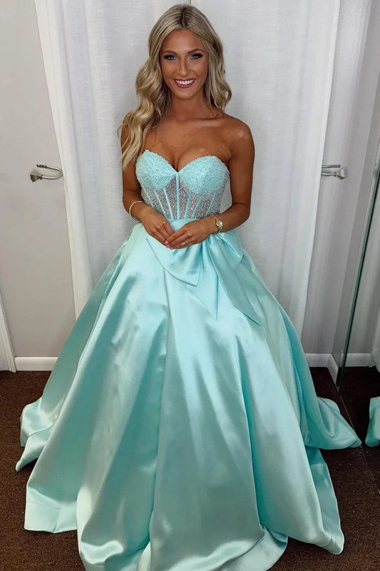 Lumidress Aqua Strapless Sweetheart Ball Gown with Beaded Bodice & Satin Skirt