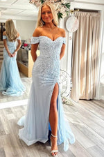 Light Blue Off-Shoulder Lace Appliqué Mermaid Prom Dress with Slit