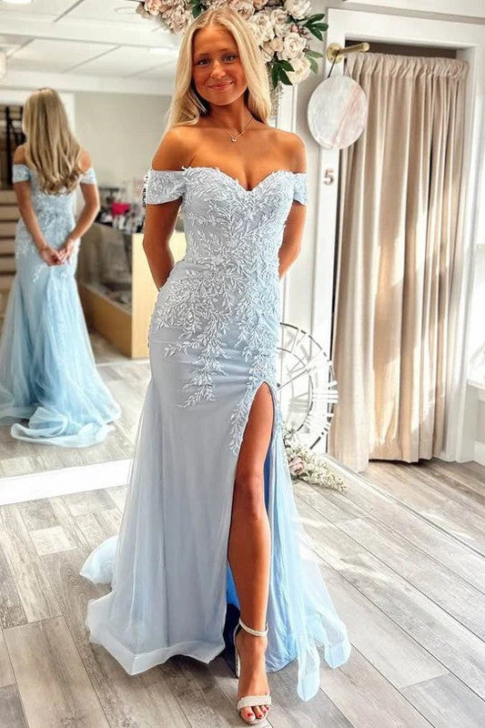 Light Blue Off-Shoulder Lace Appliqué Mermaid Prom Dress with Slit