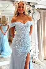 Light Blue Off-Shoulder Lace Appliqué Mermaid Prom Dress with Slit