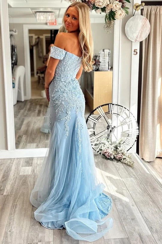Light Blue Off-Shoulder Lace Appliqué Mermaid Prom Dress with Slit