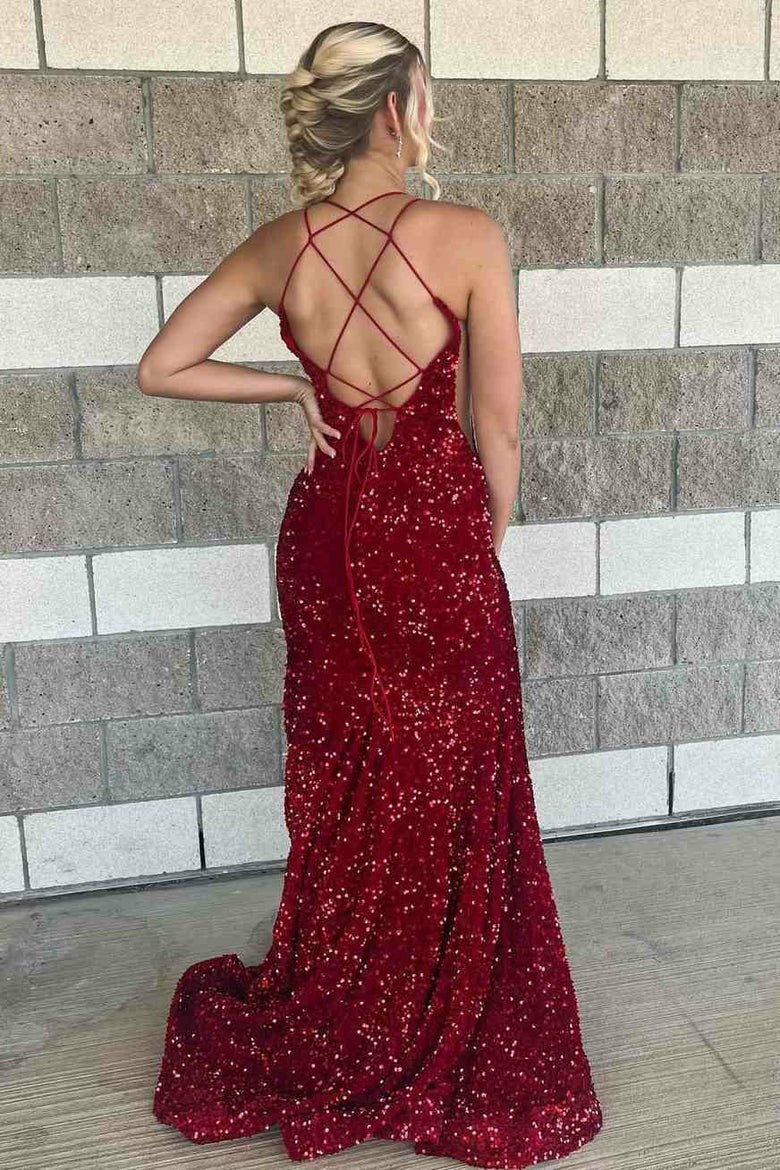 Burgundy Sparkling Sequin V-Neck Mermaid Prom Gown with Side Slit