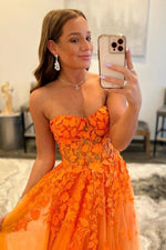 Elegant Orange Strapless A-Line Tulle Prom Dress with Applique Details