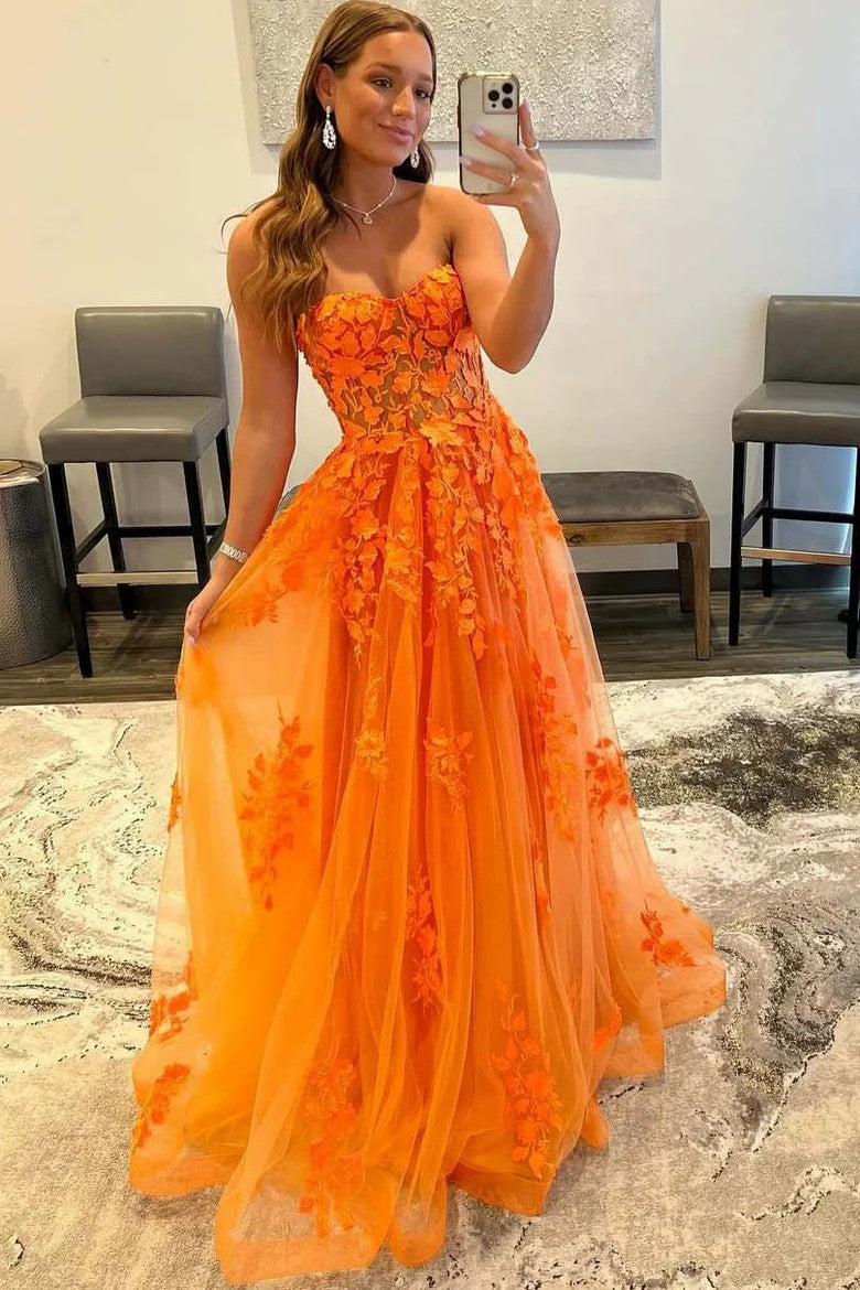 Elegant Orange Strapless A-Line Tulle Prom Dress with Applique Details