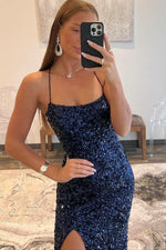 Navy Blue Sequin Scoop Neck Spaghetti Strap Prom Dress with Side Slit