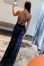Navy Blue Sequin Scoop Neck Spaghetti Strap Prom Dress with Side Slit