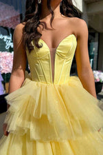 Strapless V-Neck Tiered Glitter Tulle Ball Gown Prom Dress