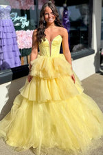 Strapless V-Neck Tiered Glitter Tulle Ball Gown Prom Dress
