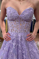 Lilac Strapless A-Line Floor-Length Prom Dress with Lace Appliqués