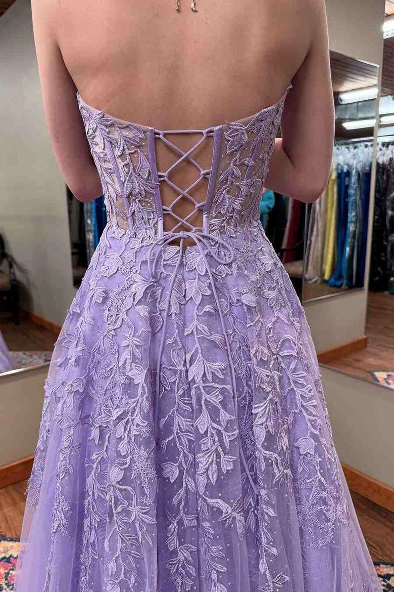 Lilac Strapless A-Line Floor-Length Prom Dress with Lace Appliqués