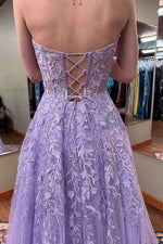 Lilac Strapless A-Line Floor-Length Prom Dress with Lace Appliqués