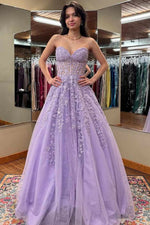 Lilac Strapless A-Line Floor-Length Prom Dress with Lace Appliqués
