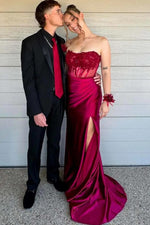 Strapless Appliqued Mermaid Prom Dress Featuring Side Slit