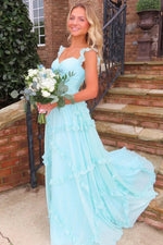 Blue A-Line Sweetheart Long Prom Dress with Ruffle Detail