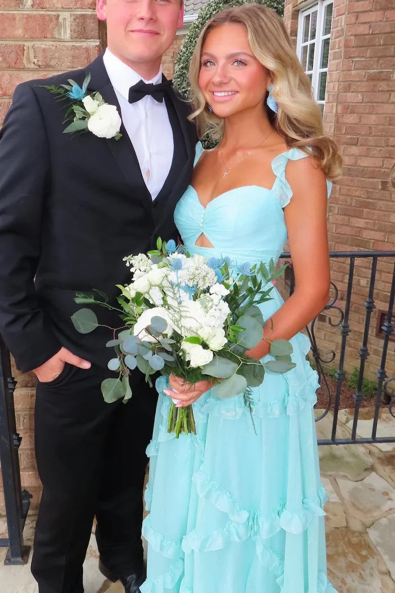 Blue A-Line Sweetheart Long Prom Dress with Ruffle Detail