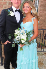 Blue A-Line Sweetheart Long Prom Dress with Ruffle Detail