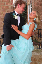 Blue A-Line Sweetheart Long Prom Dress with Ruffle Detail