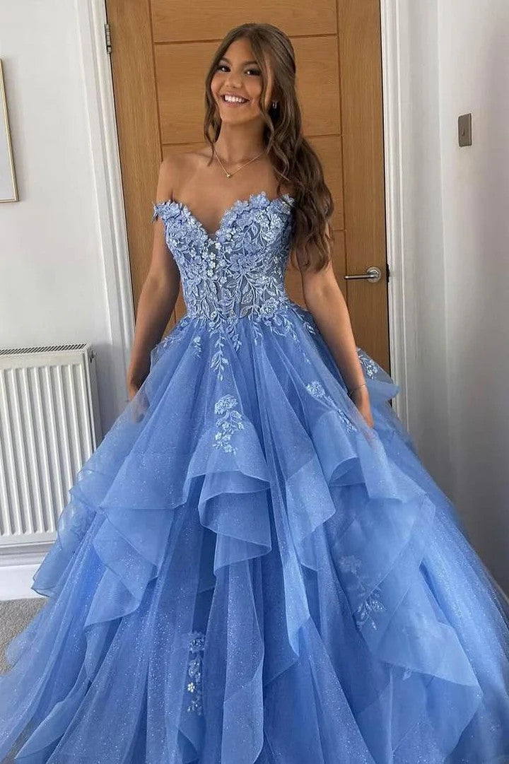 Romantic Off-Shoulder Sweetheart Prom Gown with Lace Appliques and Ruffles