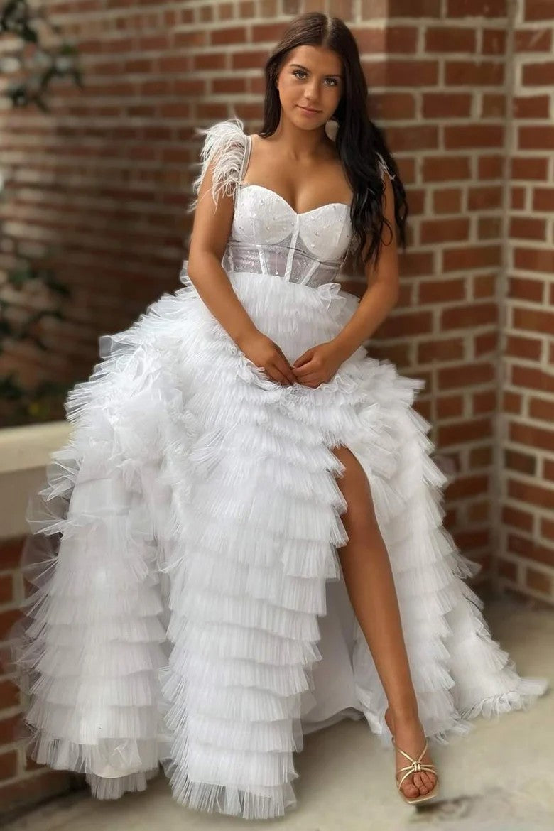 Square Neck Tassel A-Line Slit Feather F loor-Lenght Prom Dress