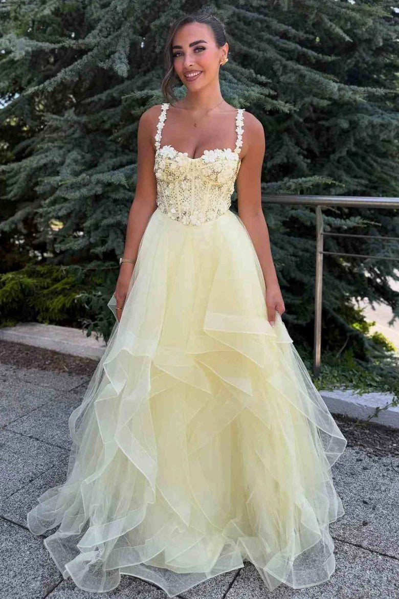 Yellow A-Line Empire-Waist Sweetheart Prom Dress with Ruffled Details