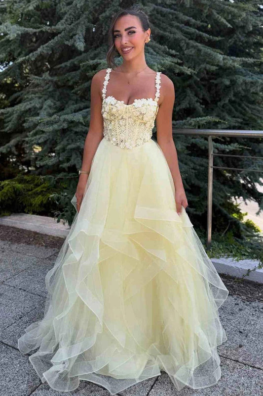 Yellow A-Line Empire-Waist Sweetheart Prom Dress with Ruffled Details
