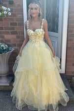 Yellow A-Line Empire-Waist Sweetheart Prom Dress with Ruffled Details