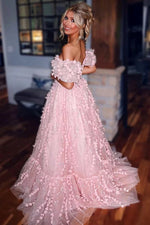 Blush Off-Shoulder 3D Floral Ball-Gown with Sheer Corset Bodice Prom Dress