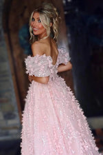 Blush Off-Shoulder 3D Floral Ball-Gown with Sheer Corset Bodice Prom Dress