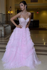 Blush Pink Beaded Corset Ball Prom Dress with Layered Ruffle Tulle Skirt