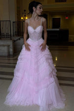 Blush Pink Beaded Corset Ball Prom Dress with Layered Ruffle Tulle Skirt
