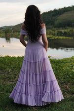 Elegant Off-Shoulder A-Line Empire-Waist Tulle Ruffles Prom Dress