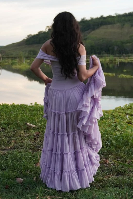 Elegant Off-Shoulder A-Line Empire-Waist Tulle Ruffles Prom Dress