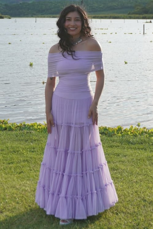 Elegant Off-Shoulder A-Line Empire-Waist Tulle Ruffles Prom Dress
