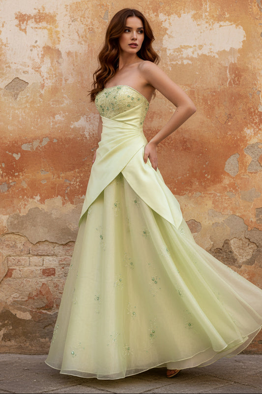 Strapless A-Line Scoop Neck Pleats Empire-Waist Sleeveless Long Prom Dress