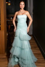 Strapless Ruffles Tulle Sleeveless Pleats Mermaid Prom Dress