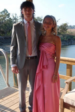 Cute Pink Strapless Pleats Sleeveless Satin Formal Prom Dress with Slit