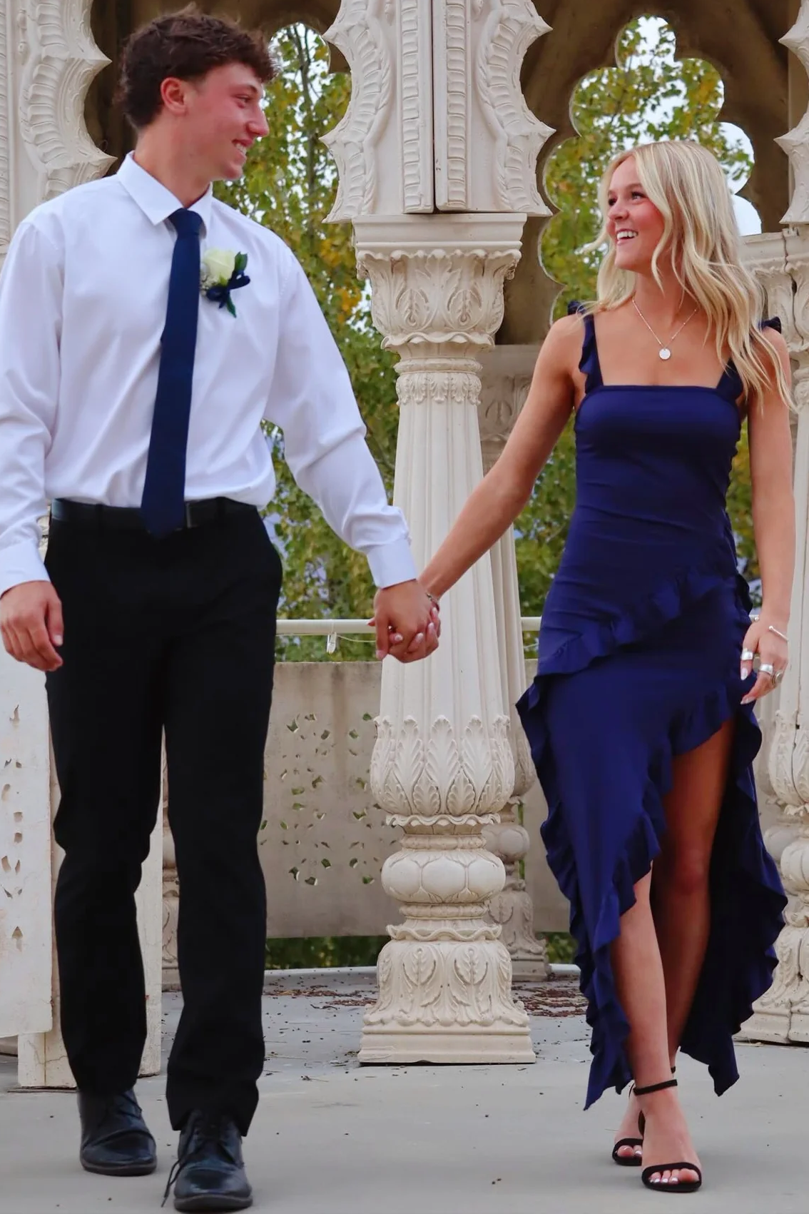 Navy Blue Strapless Ruffles Sleeveless High Slit Sheath Long Prom Dress