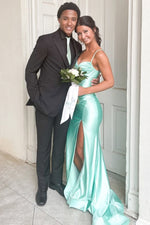 Spaghetti Straps V-Neck Satin Pleats Sleeveless Mermaid Prom Dress with Slit