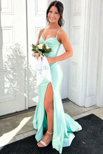 Spaghetti Straps V-Neck Satin Pleats Sleeveless Mermaid Prom Dress with Slit