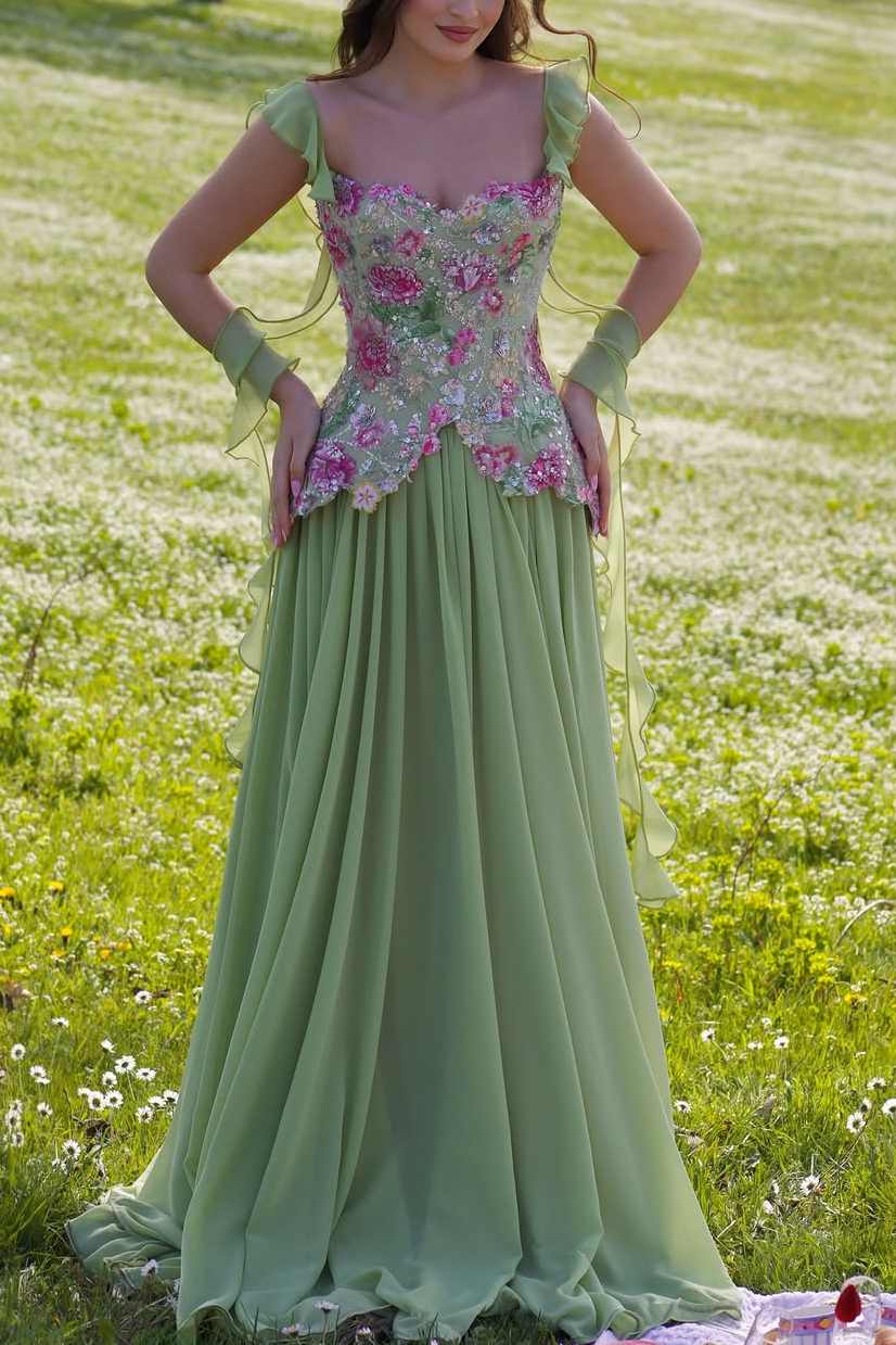 Spaghetti Straps Flowers A-Line Sleeveless Appliques Prom Dress