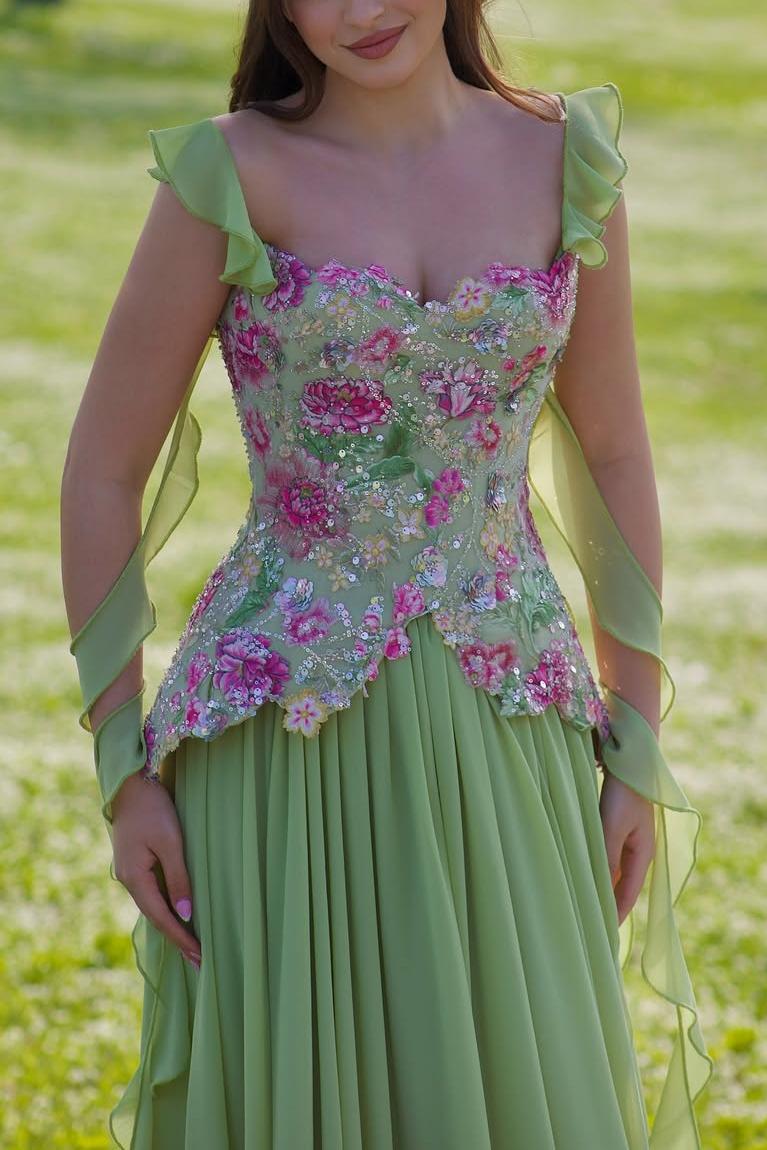 Spaghetti Straps Flowers A-Line Sleeveless Appliques Prom Dress