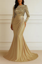 Long Sleeves Sweep Train Trumpet Satin Evening Gown with Beading