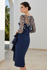 Lace 3/4 Sleeve Applique Ruffles Mermaid Tea-Length Evening Dress
