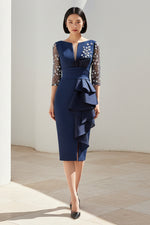Lace 3/4 Sleeve Applique Ruffles Mermaid Tea-Length Evening Dress